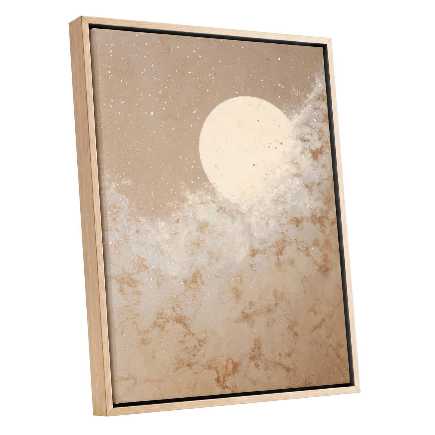 Lunar Drift, beige, white, gold nature wall art shown as a oak framed canvas wall art