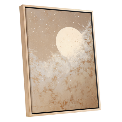 Lunar Drift, beige, white, gold nature wall art shown as a oak framed canvas wall art