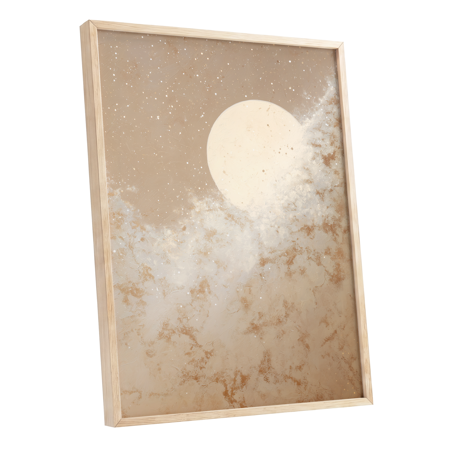 Lunar Drift, beige, white, gold nature wall art shown as a oak framed poster wall art print