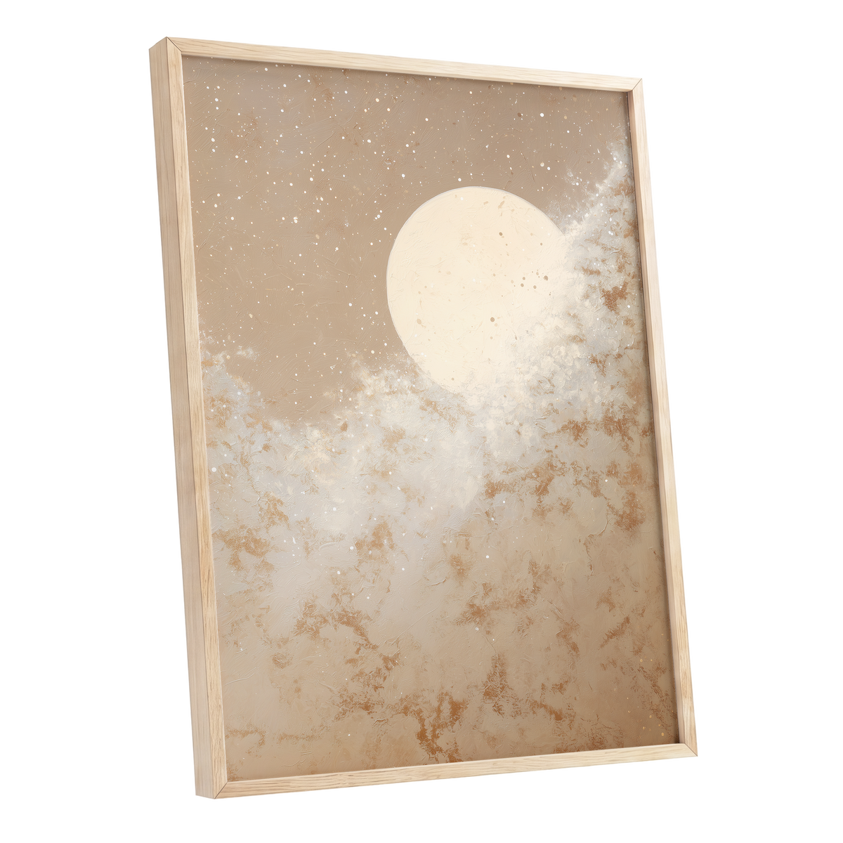 Lunar Drift, beige, white, gold nature wall art shown as a oak framed poster wall art print