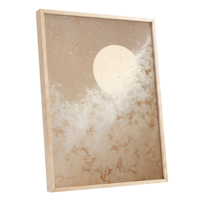 Lunar Drift, beige, white, gold nature wall art shown as a oak framed poster wall art print