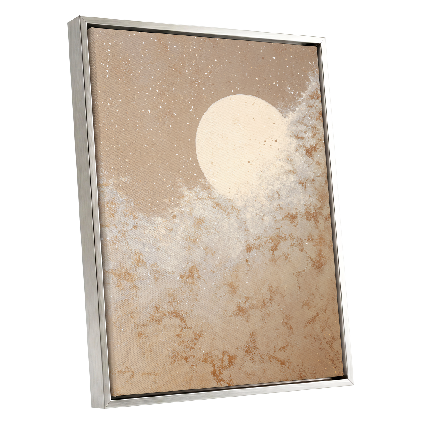 Lunar Drift, beige, white, gold nature wall art shown as a silver framed canvas wall art