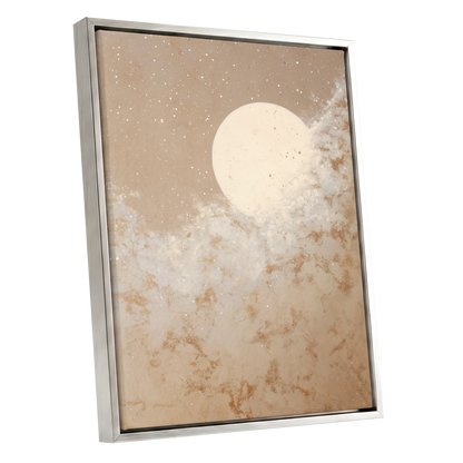 Lunar Drift, beige, white, gold nature wall art shown as a silver framed canvas wall art