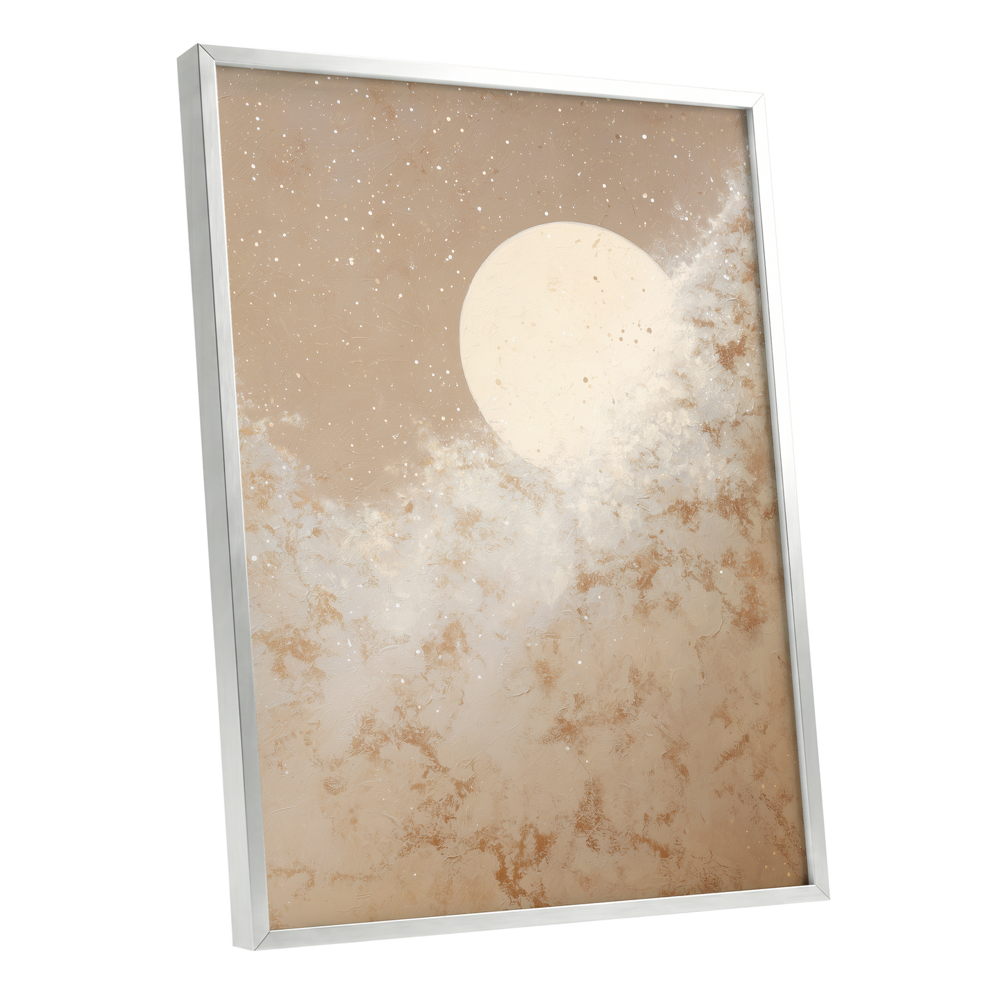 Lunar Drift, beige, white, gold nature wall art shown as a silver framed poster wall art print