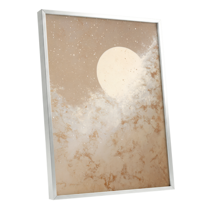 Lunar Drift, beige, white, gold nature wall art shown as a silver framed poster wall art print