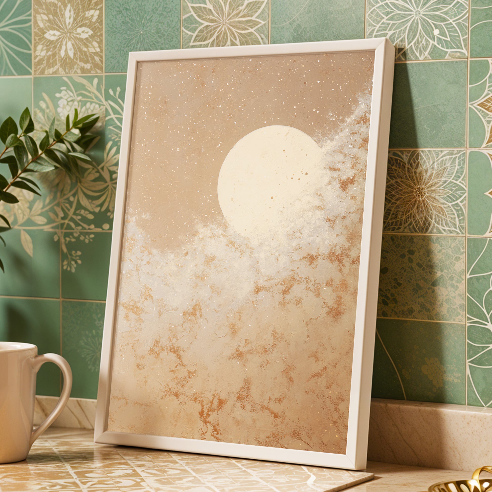 Lunar Drift, beige, white, gold nature wall art displayed in a styled interior, gallery view 2
