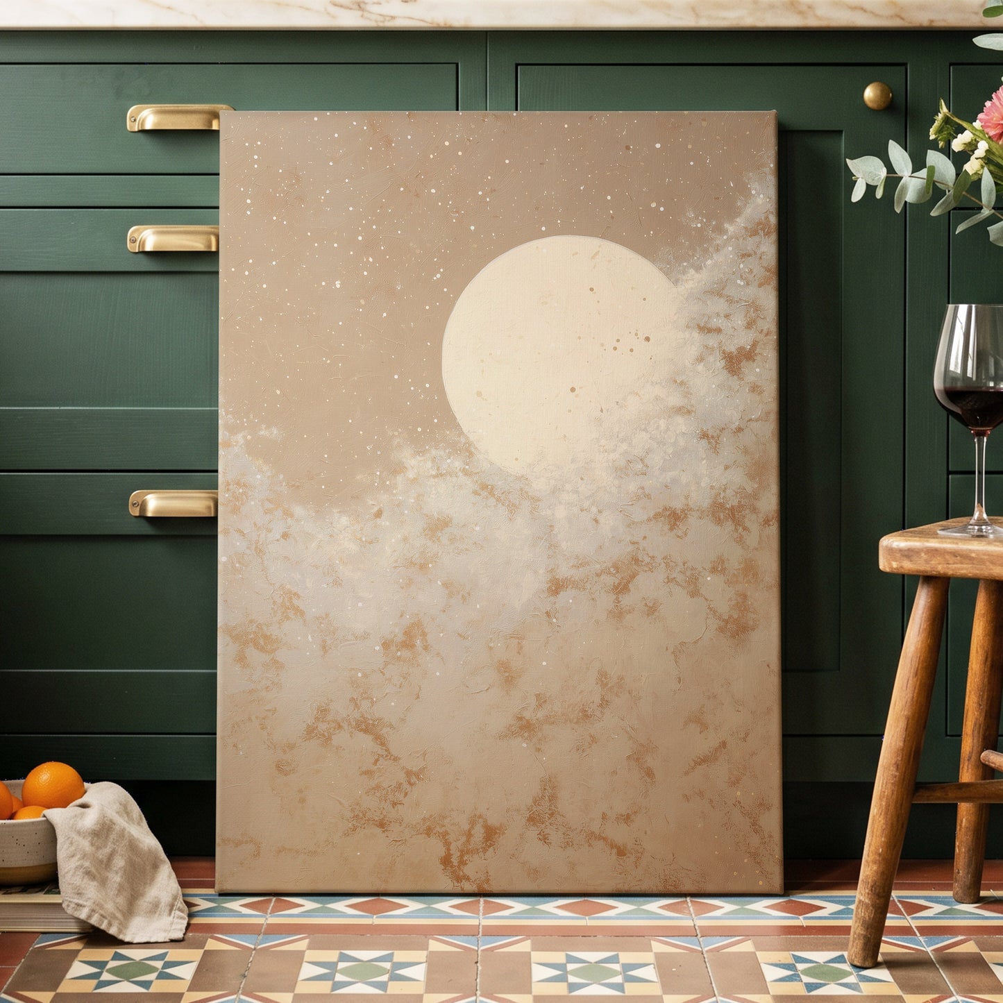 Lunar Drift, beige, white, gold nature wall art displayed in a styled interior, gallery view 3