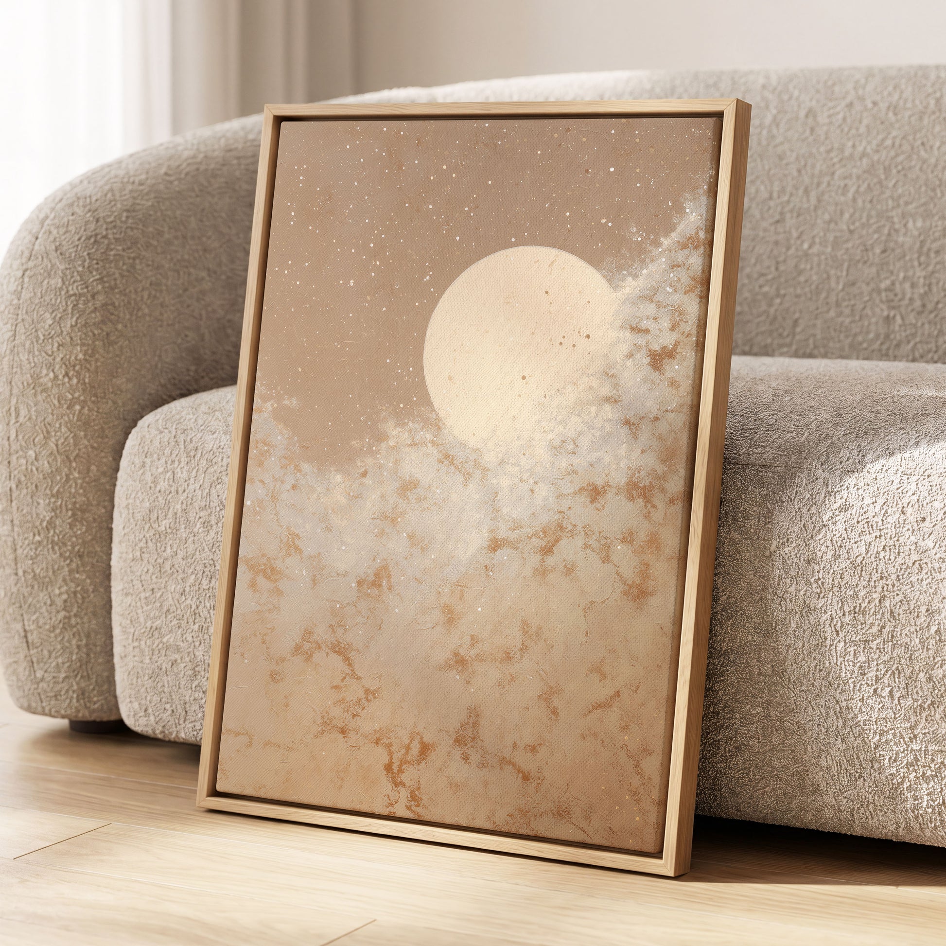Lunar Drift, beige, white, gold nature wall art displayed in a styled interior, gallery view 4