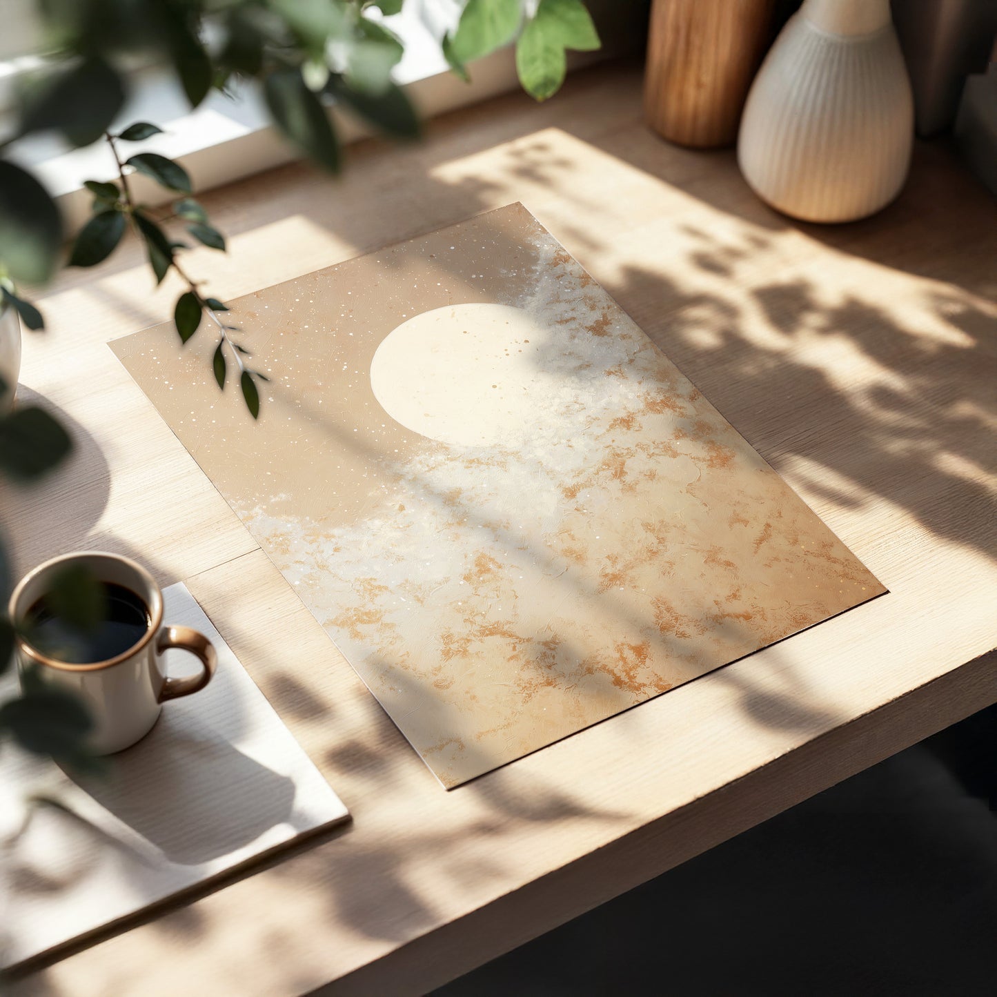 Lunar Drift, beige, white, gold nature wall art displayed in a styled interior, gallery view 5