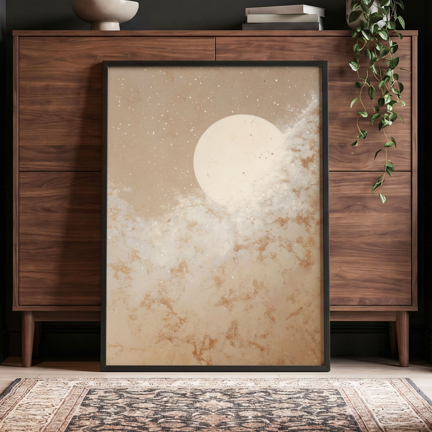 Lunar Drift, beige, white, gold nature wall art displayed in a styled interior, gallery view 6