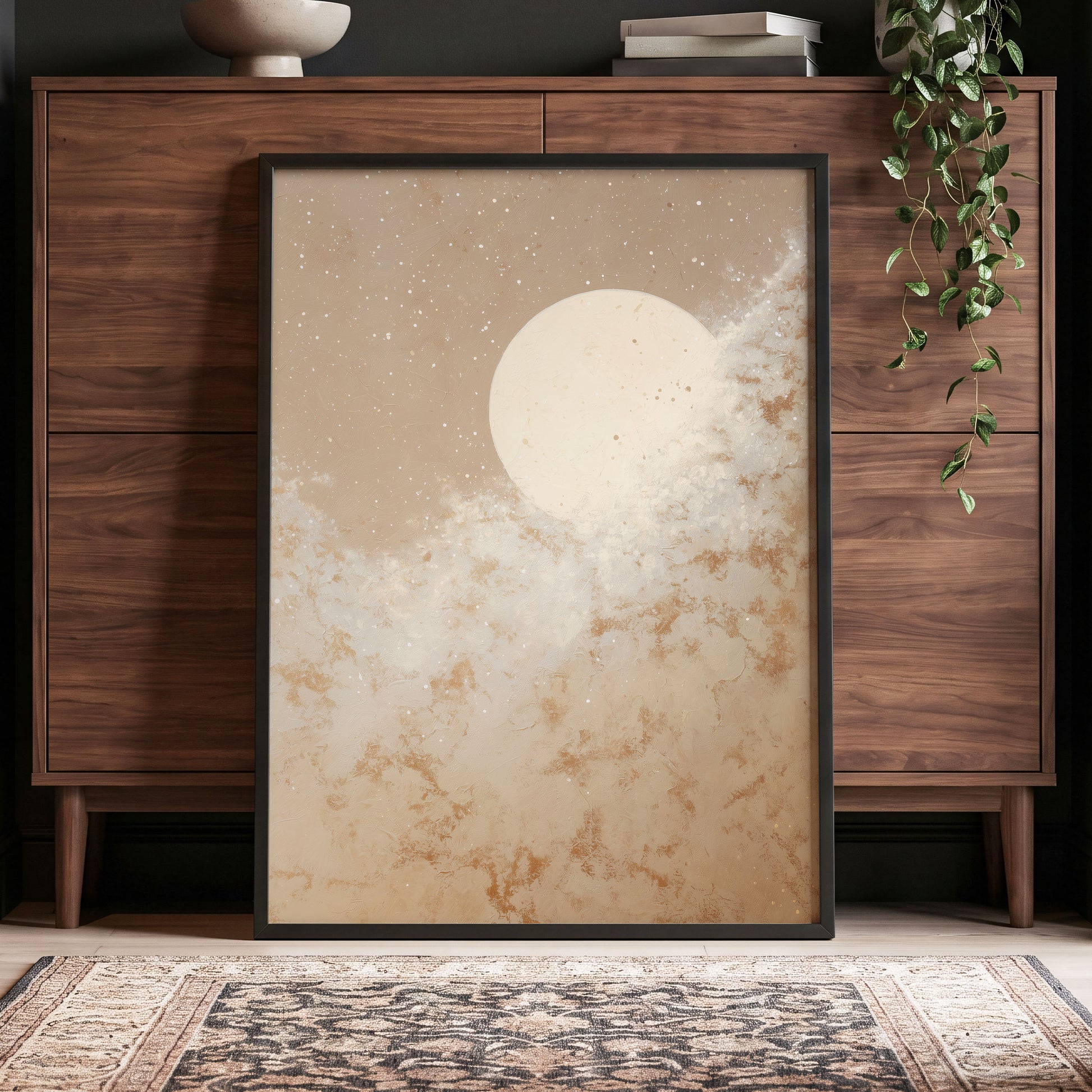 Lunar Drift, beige, white, gold nature wall art displayed in a styled interior, gallery view 6