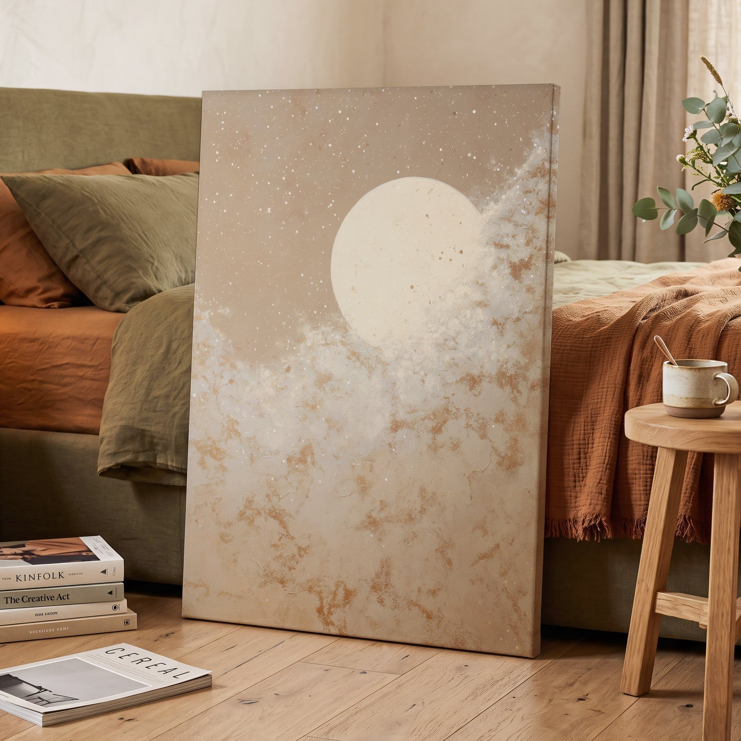 Lunar Drift, beige, white, gold nature wall art displayed in a styled interior, gallery view 7