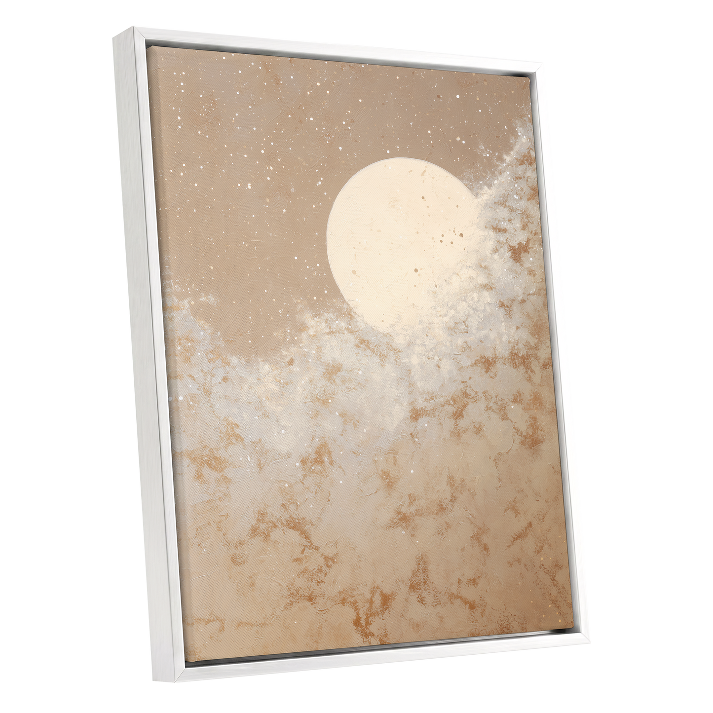 Lunar Drift, beige, white, gold nature wall art shown as a white framed canvas wall art