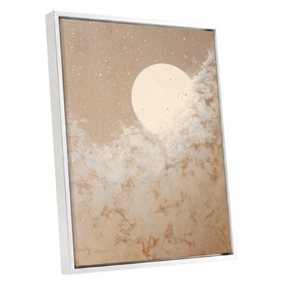 Lunar Drift, beige, white, gold nature wall art shown as a white framed canvas wall art