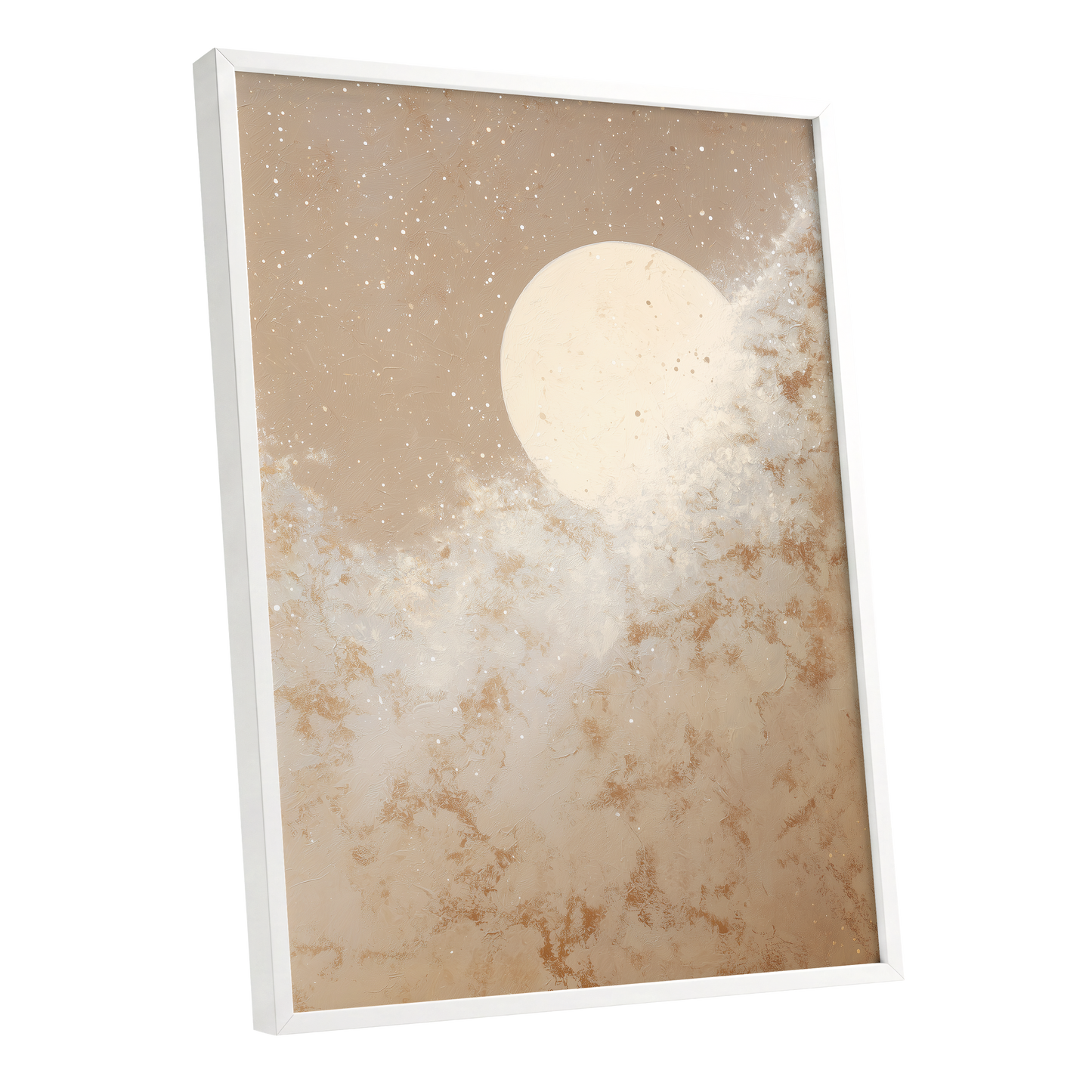 Lunar Drift, beige, white, gold nature wall art shown as a white framed poster wall art print