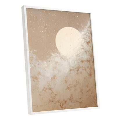 Lunar Drift, beige, white, gold nature wall art shown as a white framed poster wall art print