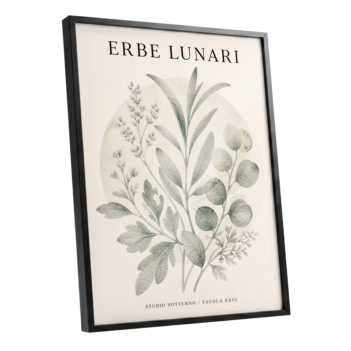 Lunar Herbarium, green, beige, black nature wall art shown as a black framed poster wall art print