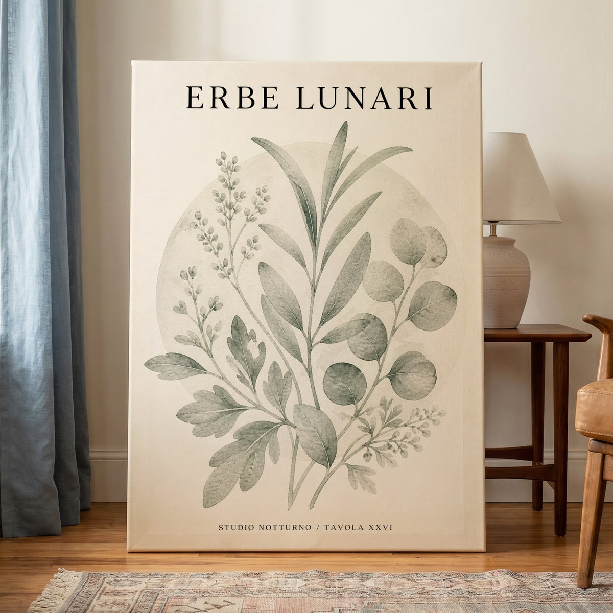 Lunar Herbarium, green, beige, black nature wall art on canvas displayed in a styled interior, gallery view 1