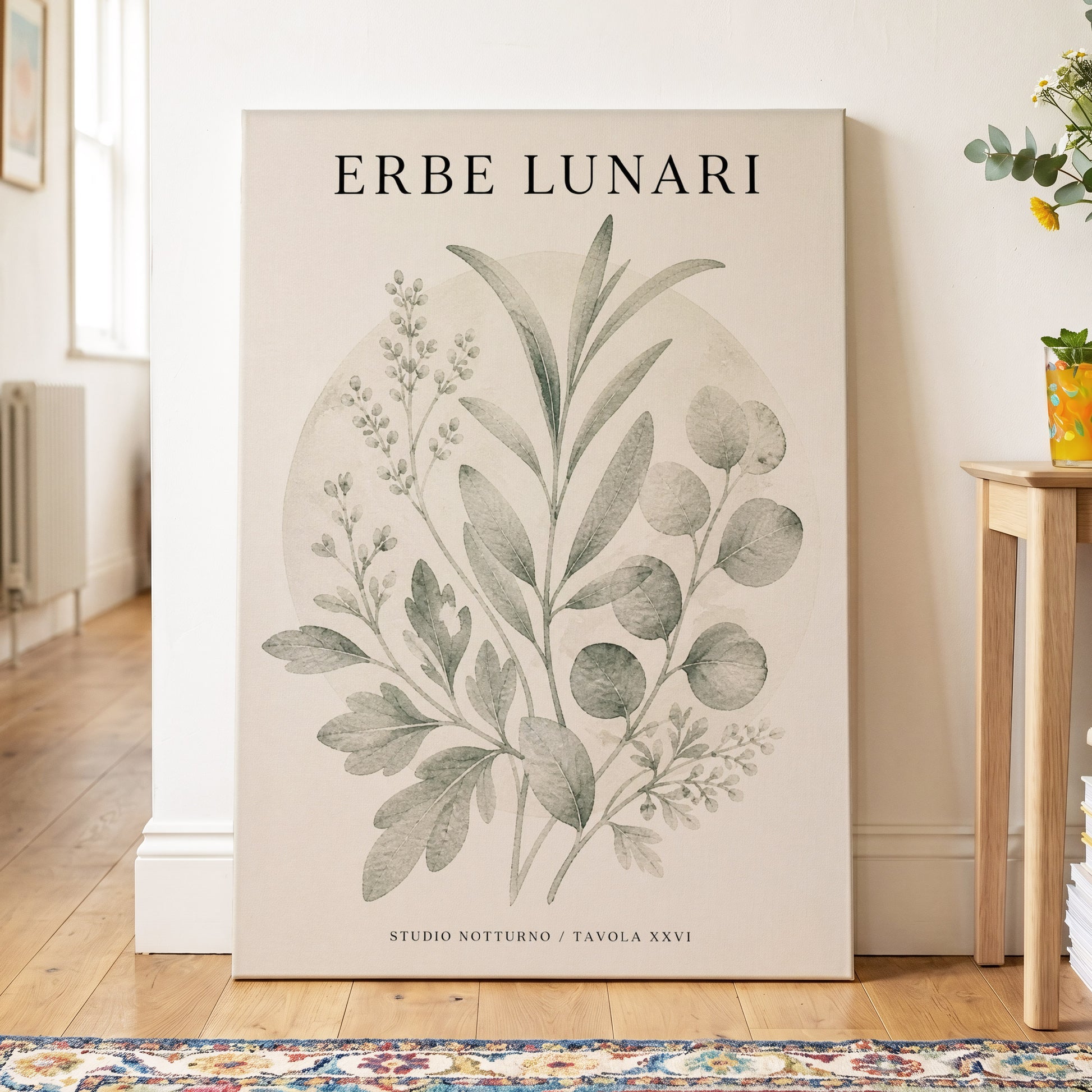 Lunar Herbarium, green, beige, black nature wall art on canvas displayed in a styled interior, gallery view 2