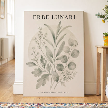 Lunar Herbarium, green, beige, black nature wall art on canvas displayed in a styled interior, gallery view 2