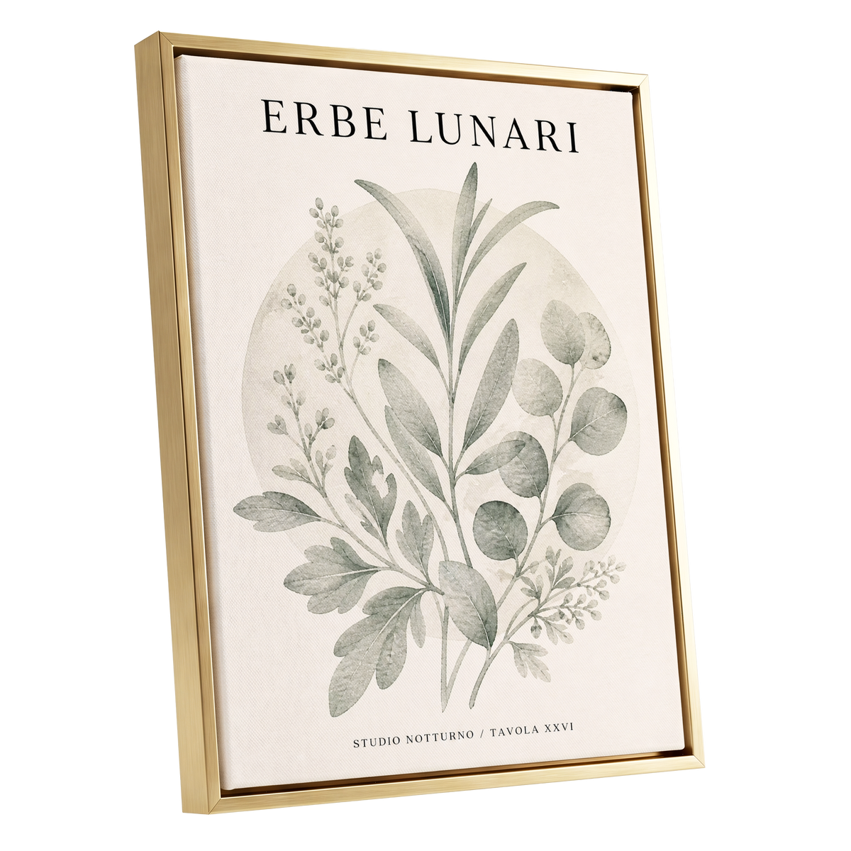 Lunar Herbarium, green, beige, black nature wall art shown as a gold framed canvas wall art