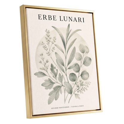 Lunar Herbarium, green, beige, black nature wall art shown as a gold framed canvas wall art
