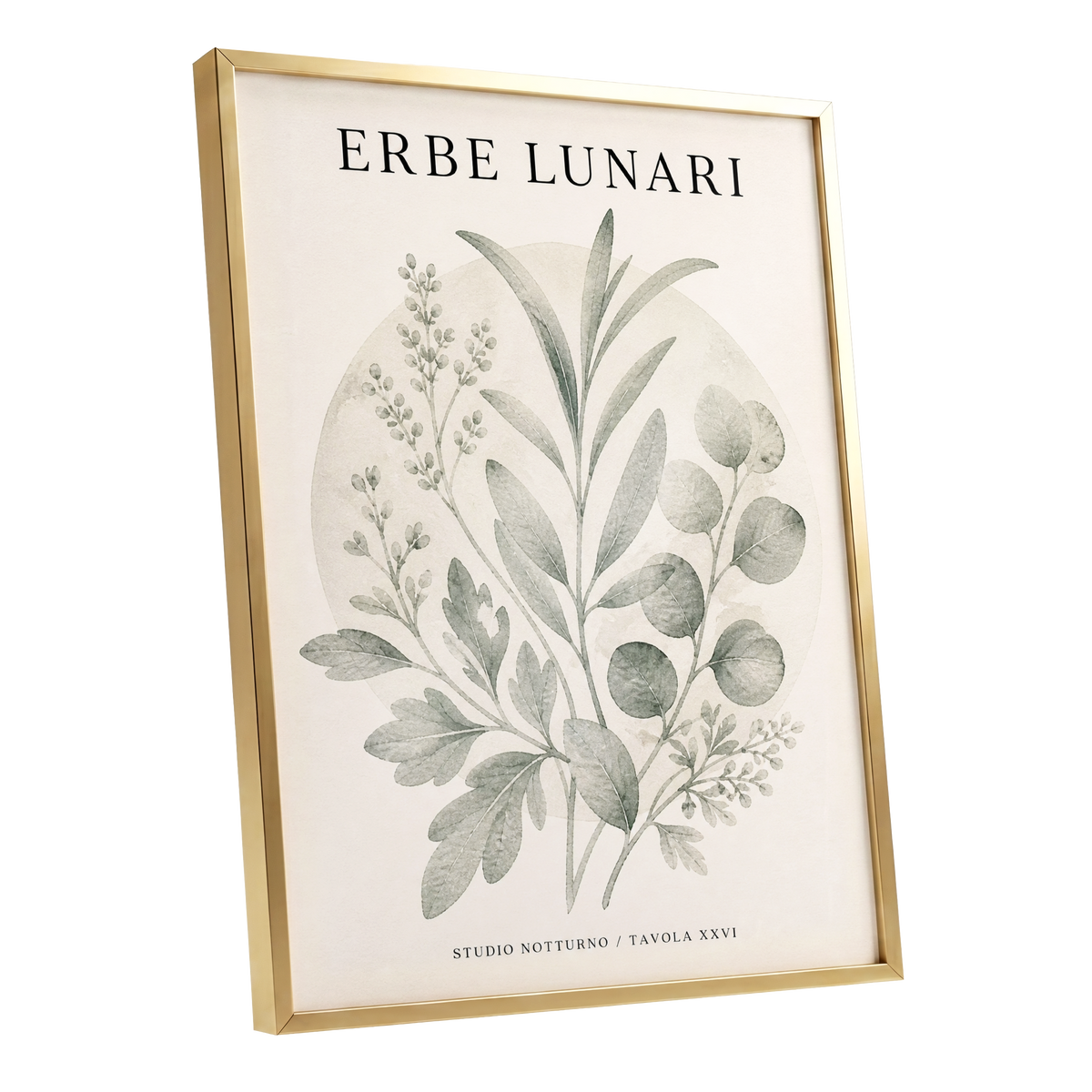 Lunar Herbarium, green, beige, black nature wall art shown as a gold framed poster wall art print