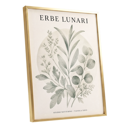 Lunar Herbarium, green, beige, black nature wall art shown as a gold framed poster wall art print