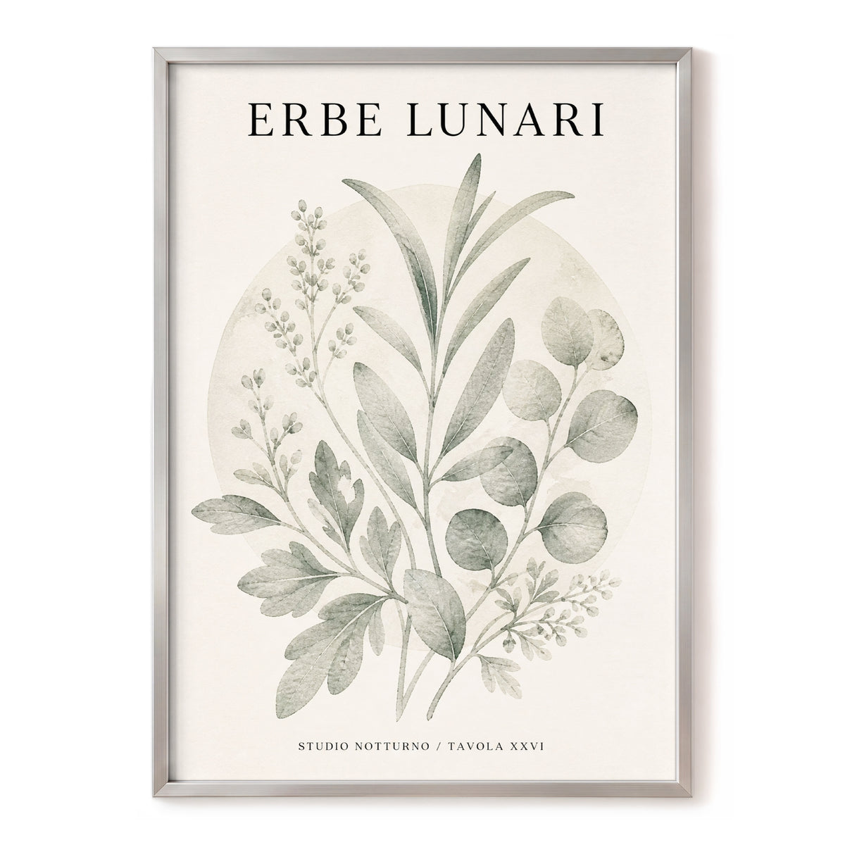 Lunar Herbarium, green, beige, black nature wall art, front artwork view