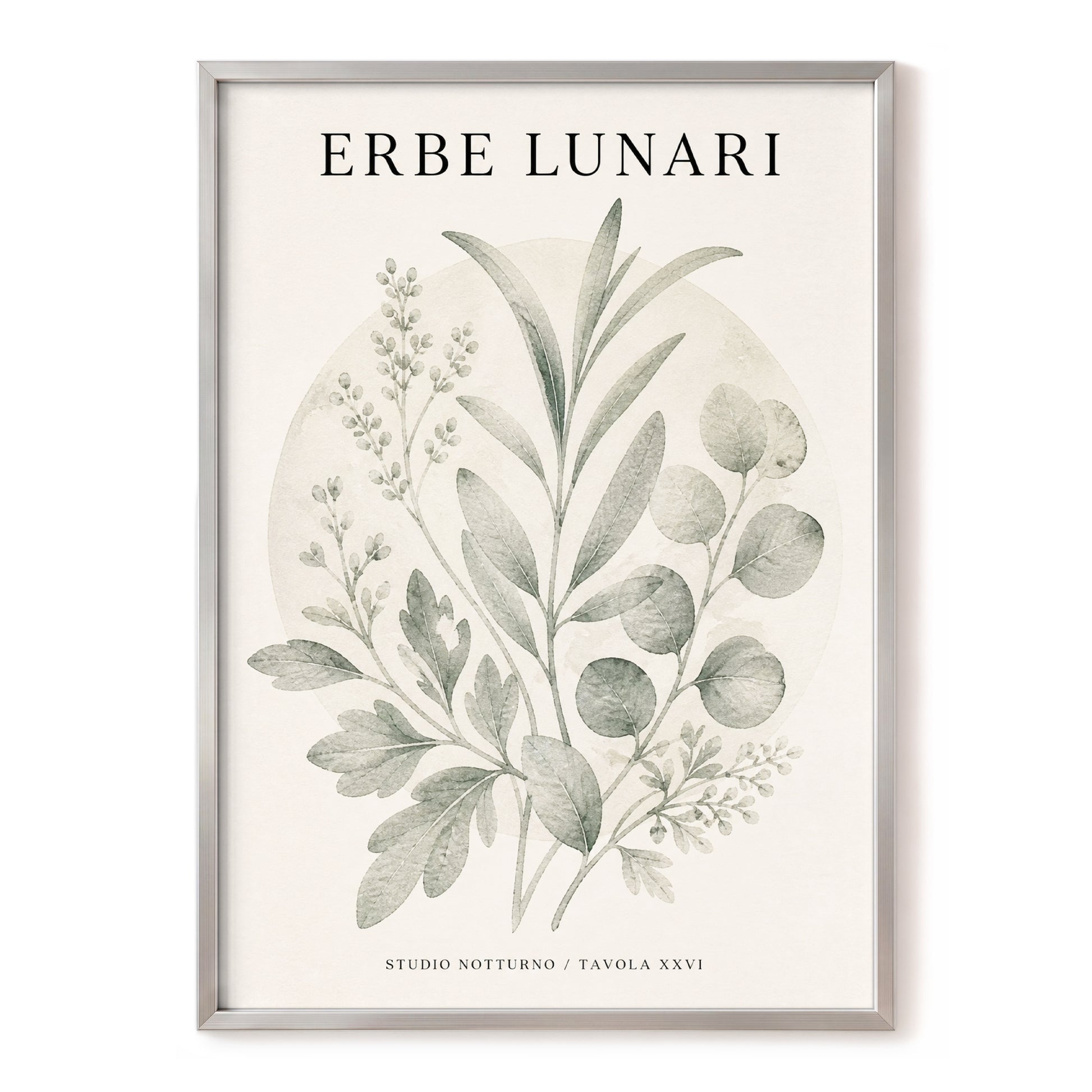 Lunar Herbarium, green, beige, black nature wall art, front artwork view