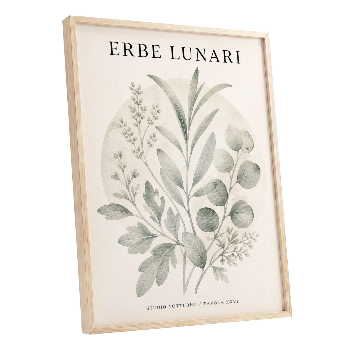 Lunar Herbarium, green, beige, black nature wall art shown as a oak framed poster wall art print