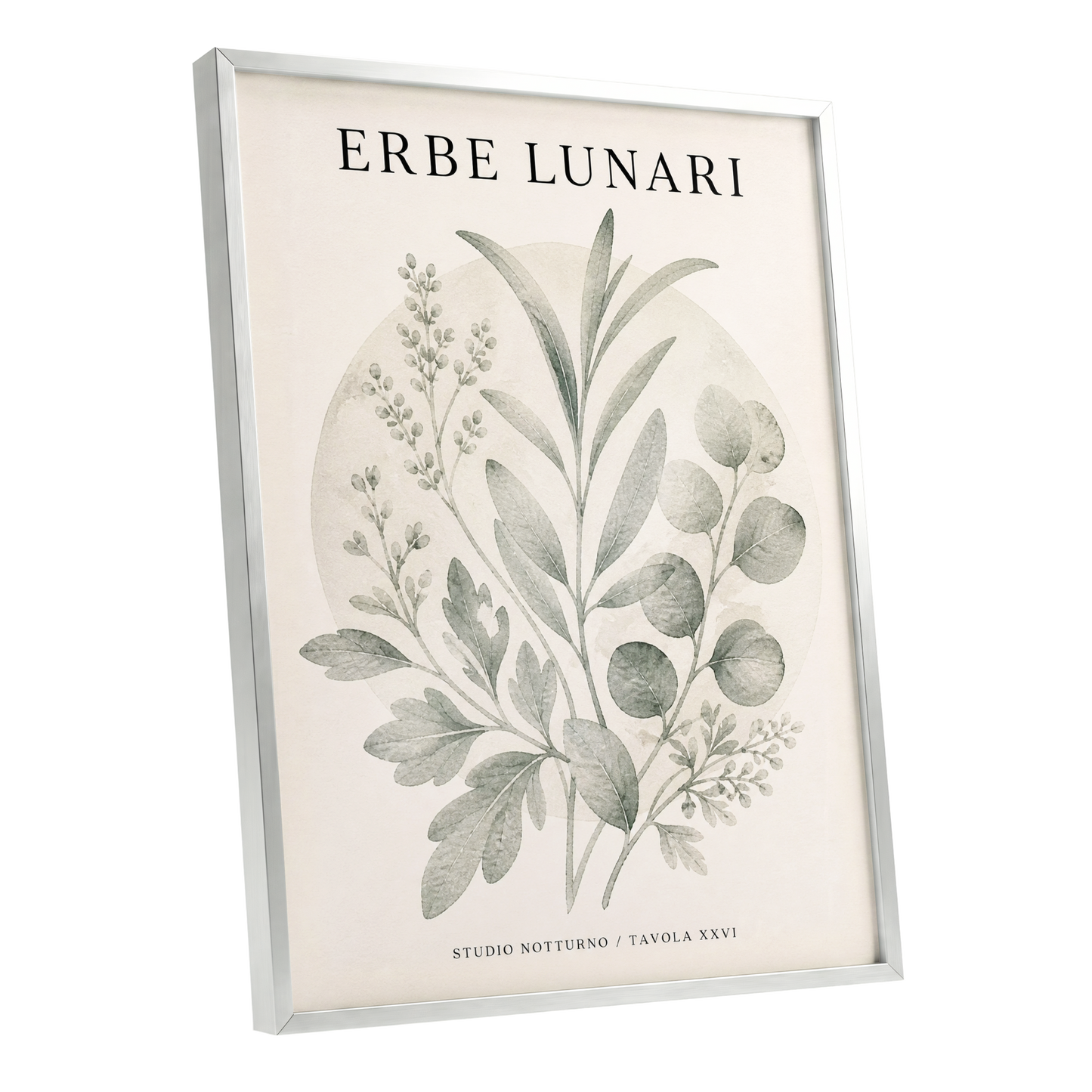 Lunar Herbarium, green, beige, black nature wall art shown as a silver framed poster wall art print