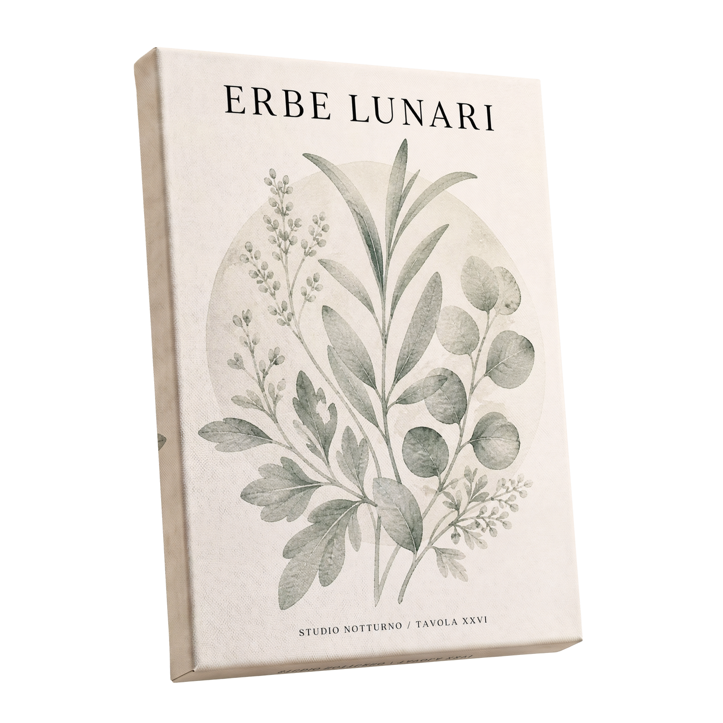 Lunar Herbarium, green, beige, black nature wall art shown as a stretched canvas wall art