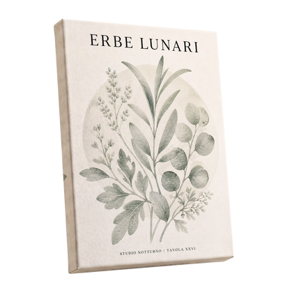 Lunar Herbarium, green, beige, black nature wall art shown as a stretched canvas wall art
