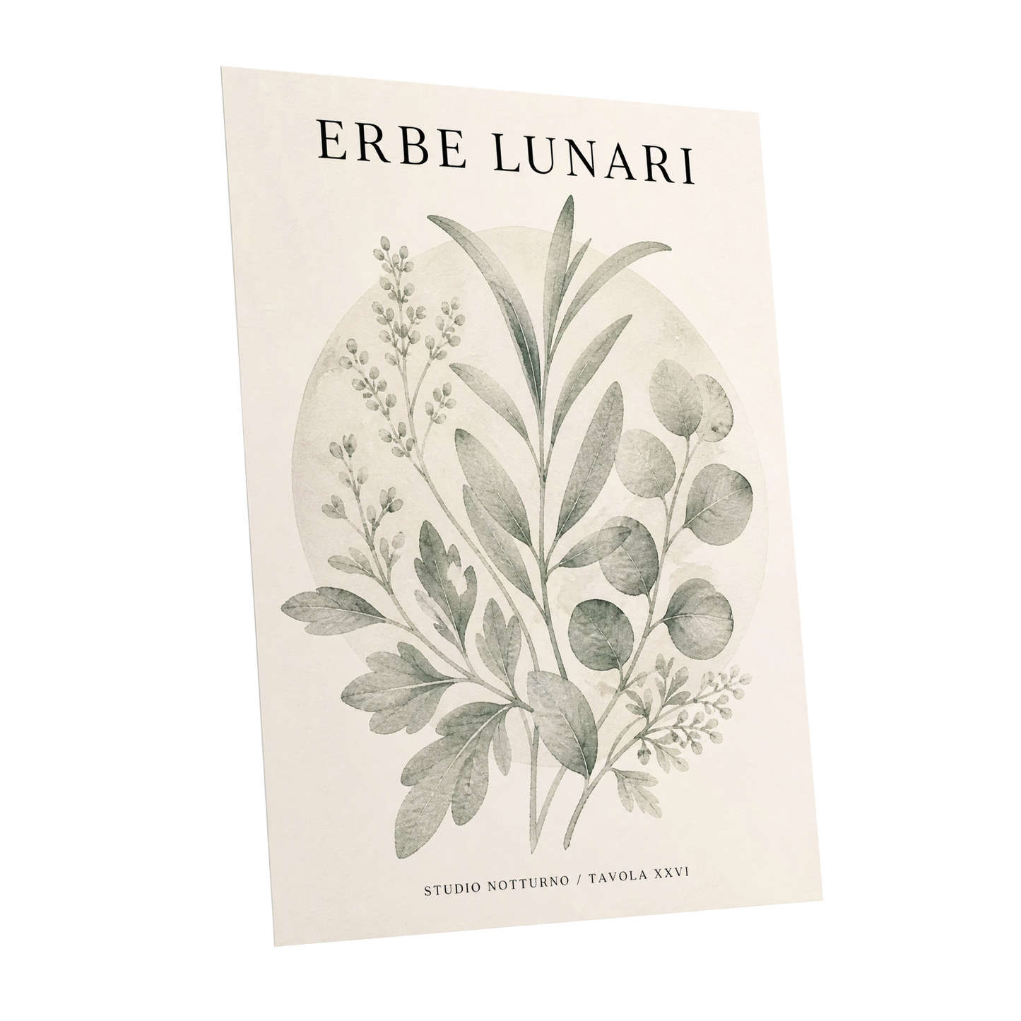 Lunar Herbarium, green, beige, black nature wall art shown as a unframed poster wall art print