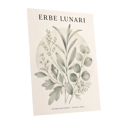 Lunar Herbarium, green, beige, black nature wall art shown as a unframed poster wall art print