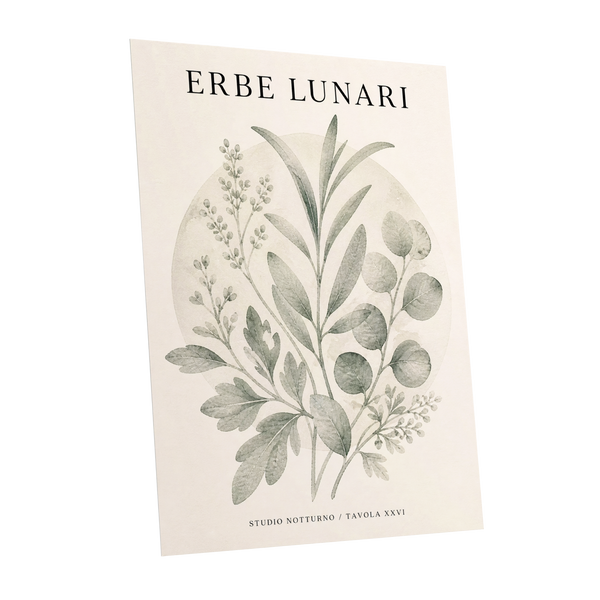 Lunar Herbarium, green, beige, black nature wall art shown as a unframed poster wall art print