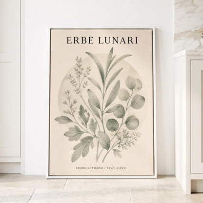 Lunar Herbarium, green, beige, black nature wall art displayed in a styled interior, gallery view 1