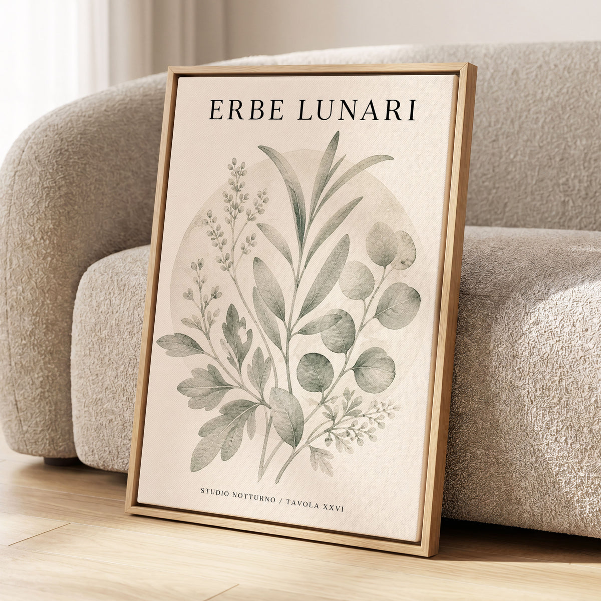 Lunar Herbarium, green, beige, black nature wall art displayed in a styled interior, gallery view 2