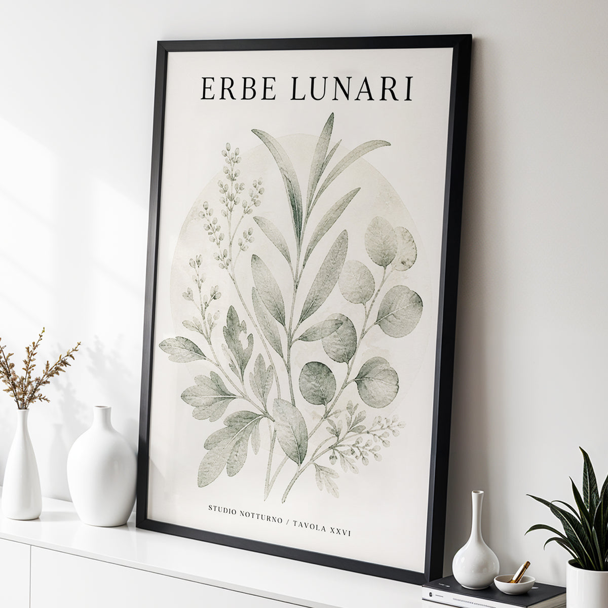 Lunar Herbarium, green, beige, black nature wall art displayed in a styled interior, gallery view 3