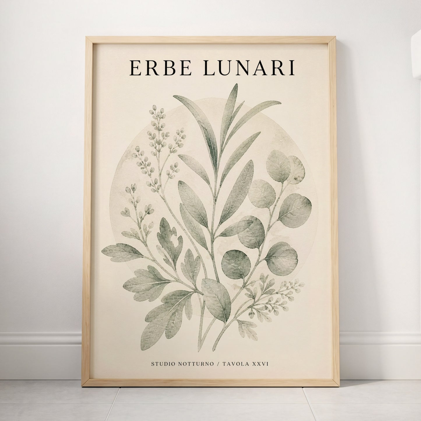 Lunar Herbarium, green, beige, black nature wall art displayed in a styled interior, gallery view 4