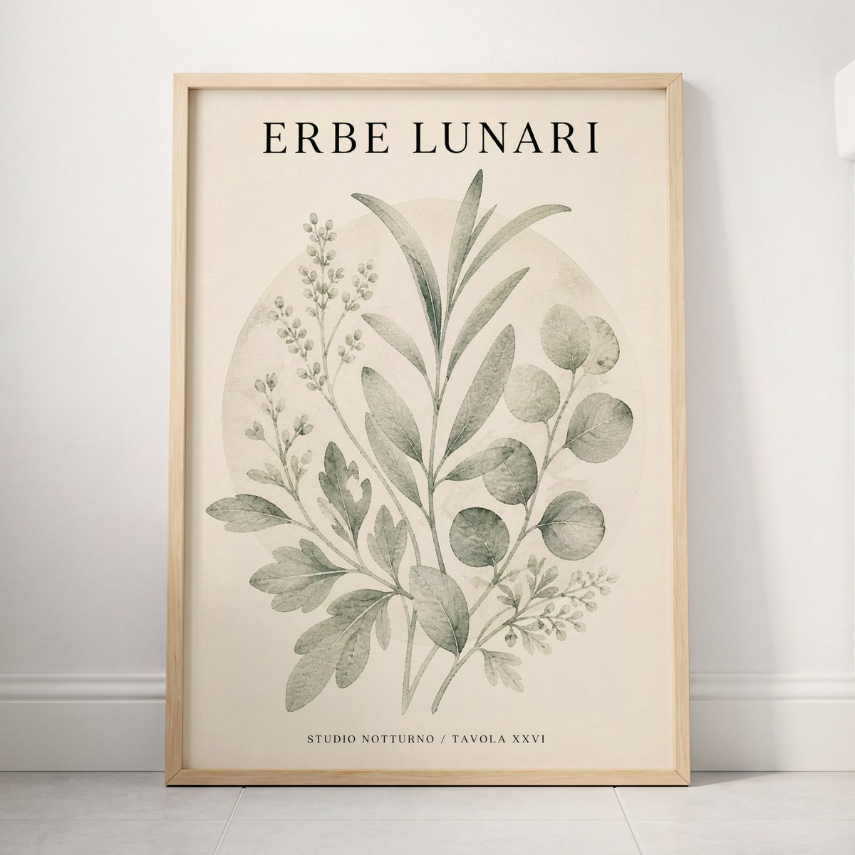 Lunar Herbarium, green, beige, black nature wall art displayed in a styled interior, gallery view 4