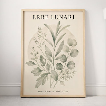 Lunar Herbarium, green, beige, black nature wall art displayed in a styled interior, gallery view 4