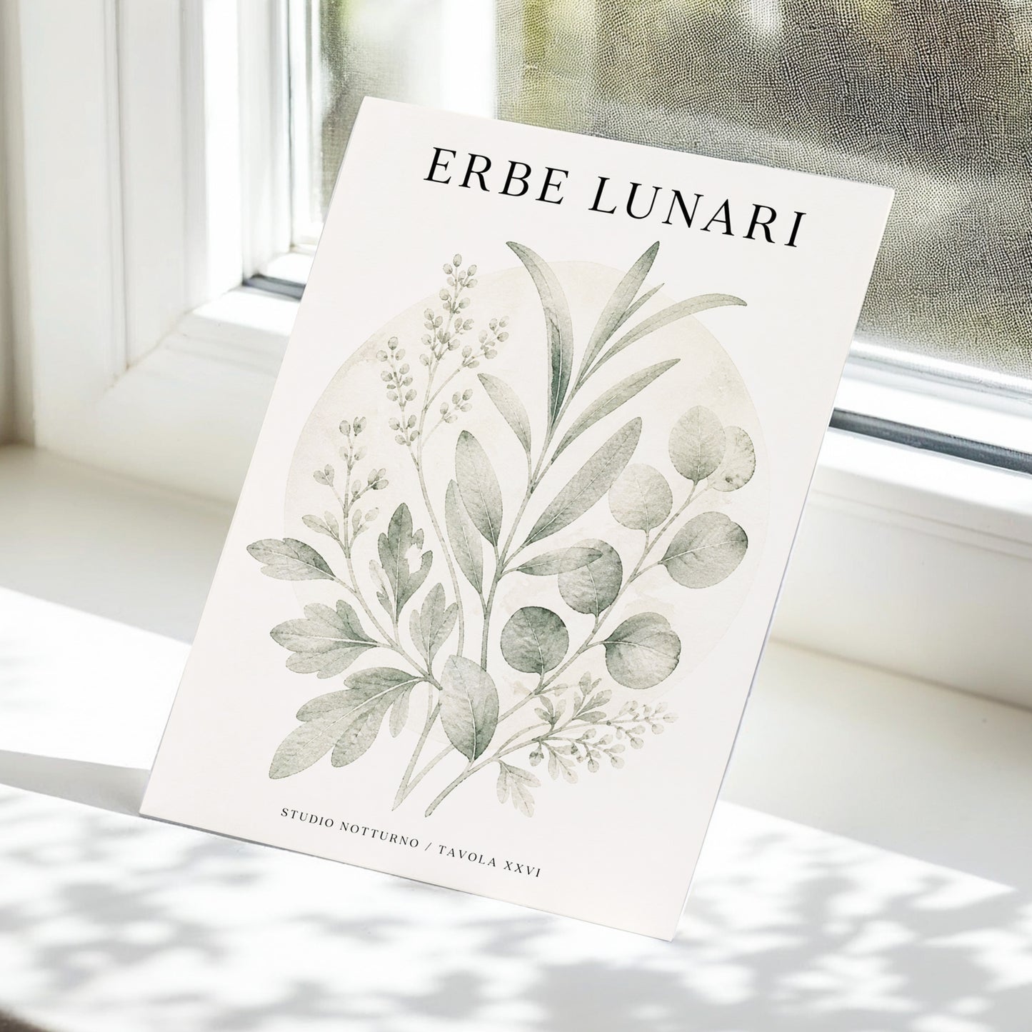 Lunar Herbarium, green, beige, black nature wall art displayed in a styled interior, gallery view 5