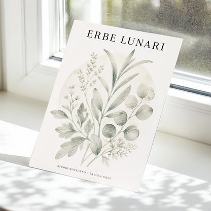 Lunar Herbarium, green, beige, black nature wall art displayed in a styled interior, gallery view 5