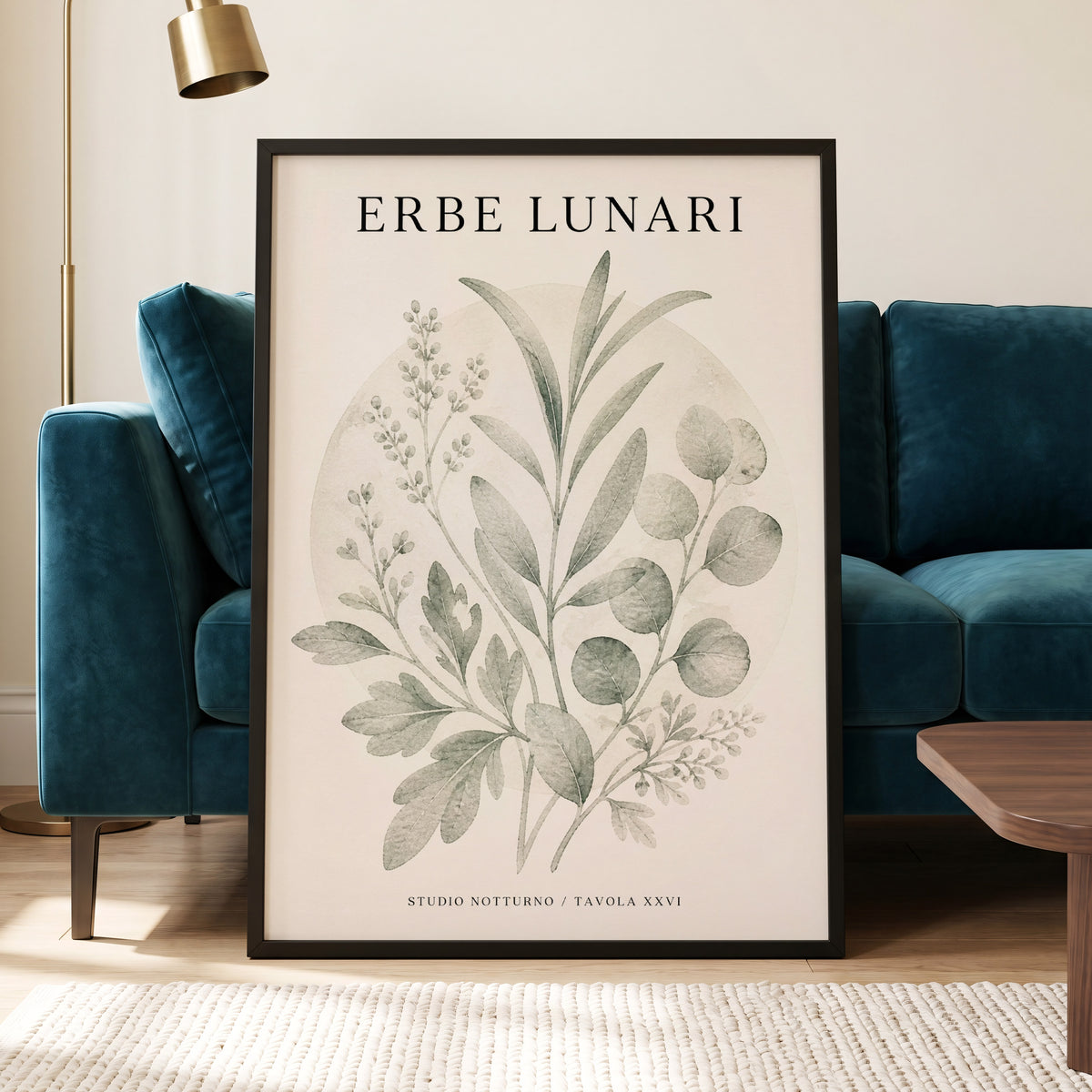 Lunar Herbarium, green, beige, black nature wall art displayed in a styled interior, gallery view 6