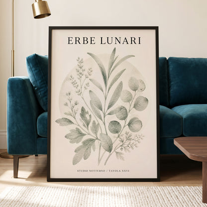 Lunar Herbarium, green, beige, black nature wall art displayed in a styled interior, gallery view 6