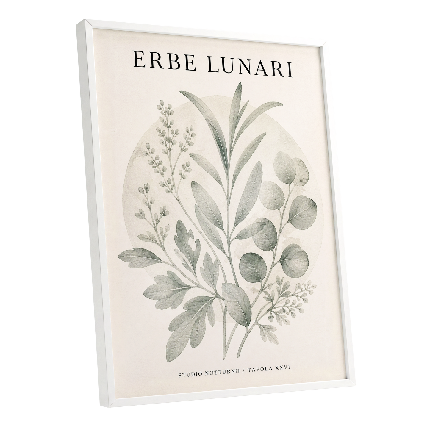 Lunar Herbarium, green, beige, black nature wall art shown as a white framed poster wall art print