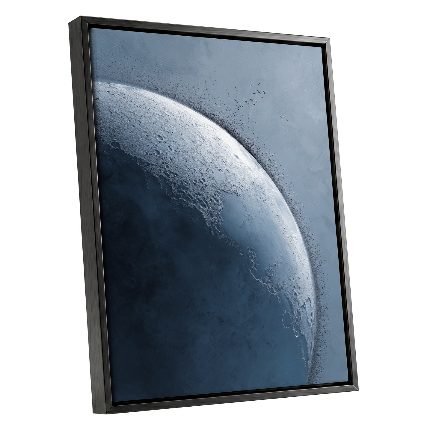 Lunar Murmuration, blue, gray, black nature wall art shown as a black framed canvas wall art