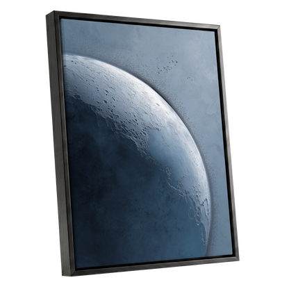 Lunar Murmuration, blue, gray, black nature wall art shown as a black framed canvas wall art